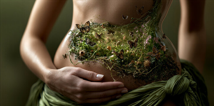 Pregnant body concealed in verdant scenery with gentle light and delicate life forms