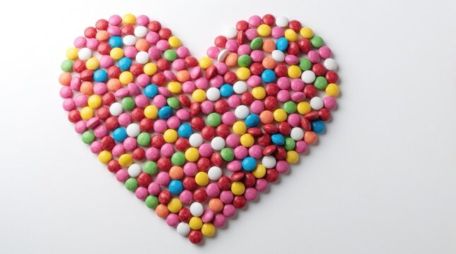 Candy dots arranged into heart form on white background. Festive heart of colorful candy balls. Morita heart made of rounded sweets. Vibrant mix of pink yellow blue green, red candies. Multicolored