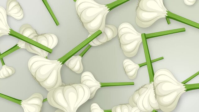 Animated Garlic Bulbs Falling Over a Neutral Mesh Background