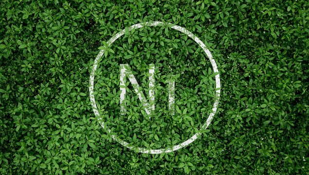 Overhead view of lush green foliage with a white circle and 'N' symbol overlay