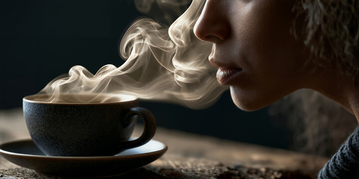 Morning coffee ritual. Textured ceramic cup emits gentle steam as woman savors her morning drink