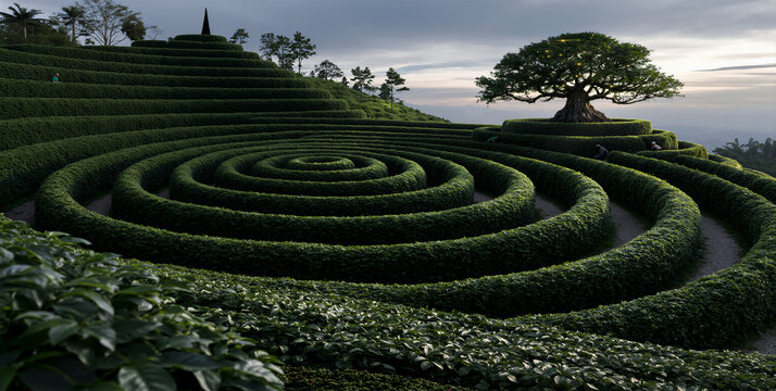Quiet dusk over wooded hills. Serene landscape with ancient trees and winding paths