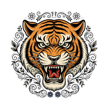 Tiger Head Vector, Fierce Roaring Tiger Tattoo Illustration with Vintage Ornamental Floral Frame