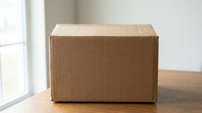 Cardboard parcel sits neatly on a wooden table near a bright window inside.