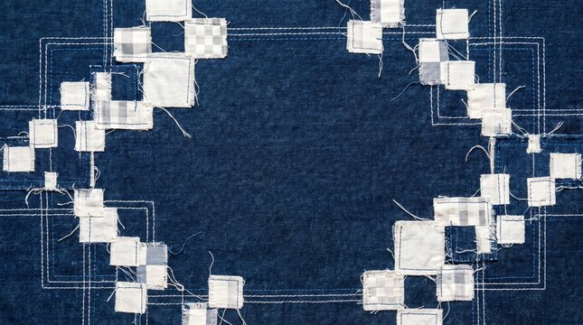 Abstract blue denim textile background featuring decorative white patchwork border frame design for creative craft projects