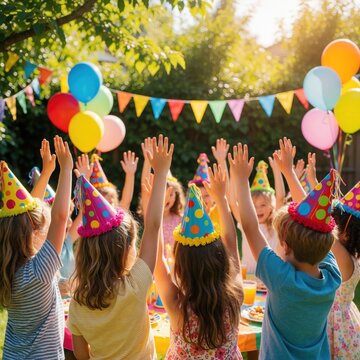 Children in party hats raise hands at outdoor backyard birthday event. Colorful balloons and bunting decorate sunlit garden party with happy kids.