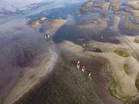 Aerial view of people walking across a dry riverbed with shallow water patches and sandy banks in Bogura, Rajshahi Division, Bangladesh.