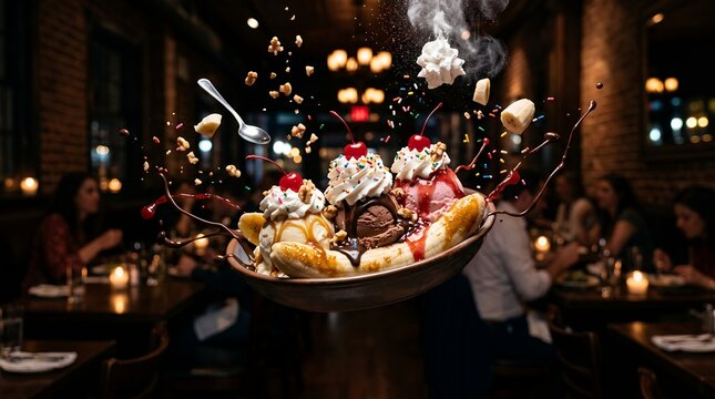 Banana split sundae with floating cherries and toppings hovers over a table.