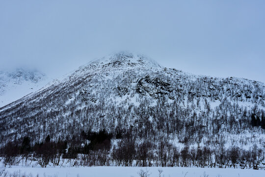 Majestic snow covered mountain peak in winter landscape Lofoten Norway