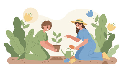 Fototapeta premium Two happy female gardeners plant a young seedling in a pot together outdoors in a lush garden filled with green foliage.