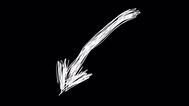 Doodle Arrow: Expressive wiggly hand-drawn white arrow animation pointing diagonally downward. Ideal for transparent overlays in explainer videos, presentations, and UI design.
