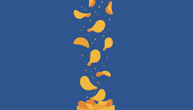 Delicious golden crispy potato chips falling down in a vertical column against a solid dark blue background.