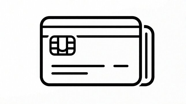Simple black line art icon of credit card with electronic chip. Minimalist symbol for banking, finance, money. Online payment, digital transaction sign for e-commerce, shopping, secure debit card use