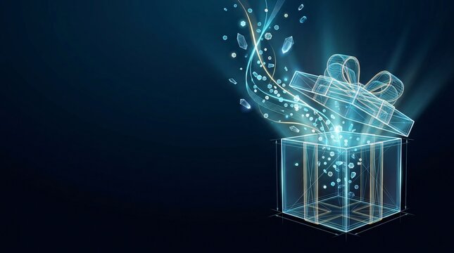 Glowing digital gift box wireframe representation with particles wireframe particles hologram technology abstract celebration surprise birthday christmas