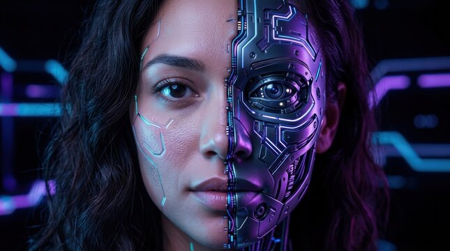 Womans face split with robotic cyborg cybernetic parts