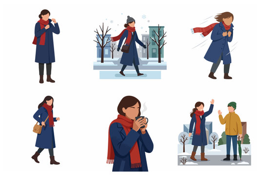Set of flat vector illustrations of a woman in winter clothing walking in the city, drinking coffee, and facing cold windy weather during the winter season
