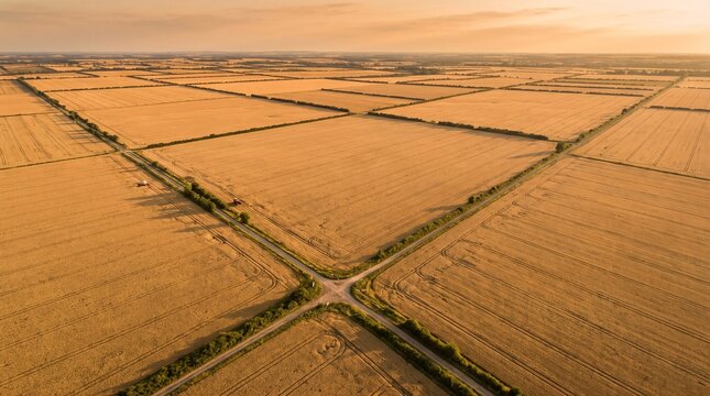 Vast agricultural wheat fields at golden hour aerial landscape view
