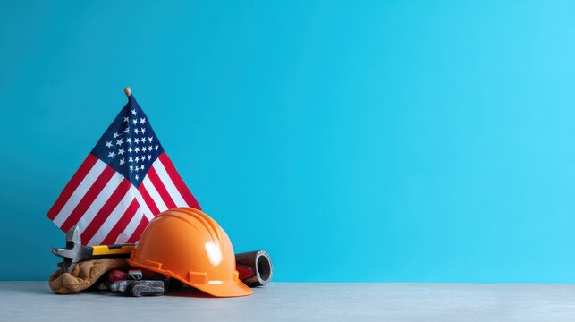 American flag standing proudly beside construction safety gear on turquoise wall