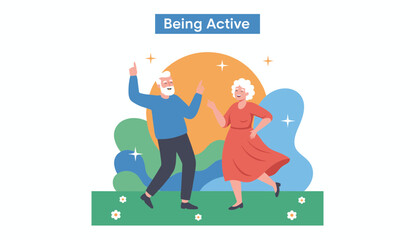 Fototapeta premium Joyful senior couple dancing dynamically on a green field with the text being active, promoting healthy aging.