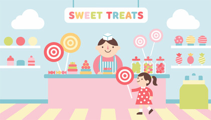 Obraz premium Friendly shopkeeper at a colorful sweet candy shop counter serving a little girl who is holding a giant lollipop.