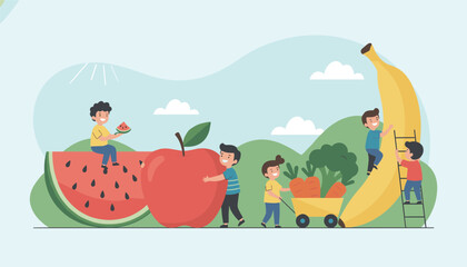Fototapeta premium Group of tiny happy children playing with giant healthy fruits and vegetables, promoting clean eating for kids.