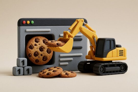 3D clay model browser window, with oversized chocolate chip cookies. Cookie scoop excavator takes cookies from window, stacks to form neat stack. Modern advertising metaphor left of model - cookie