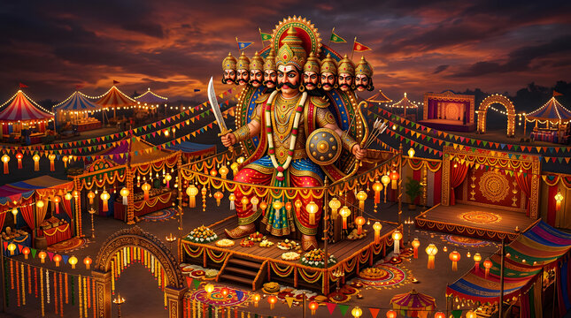 Large Ravana effigy at night during Dussehra festival.