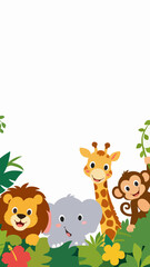 Fototapeta premium Cute cartoon jungle animals peeking border with copy space