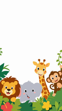 Cute cartoon jungle animals peeking border with copy space