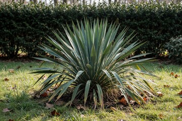 Fototapeta premium Ornamental yucca plant grows in garden during winter. Evergreen shrub with sword like leaves stands in green grass with fallen autumn leaves.
