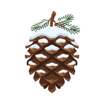 Illustration of a snow-covered pine cone on a branch for winter decoration