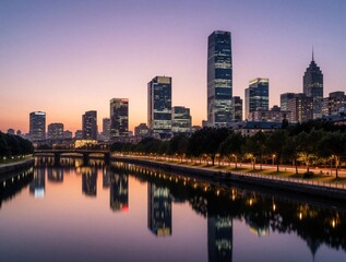 Naklejka premium City skyline reflects in river at dusk. Tall buildings illuminate the urban landscape with lights. Calm water mirrors tranquil purple sky and colorful evening lights.