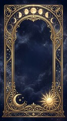 Fototapeta premium Elegant golden vintage celestial portal frame featuring moon phases, sun, and constellation patterns against a magical starry night sky background.