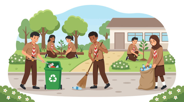 Scout team cleaning and planting trees at school.
