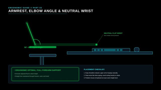 Ergonomic Guide Illustrating Proper Armrest Placement and Optimal Neutral Wrist Position for Work