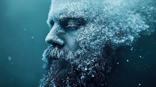 Close-up portrait of a man's face covered in frost and ice