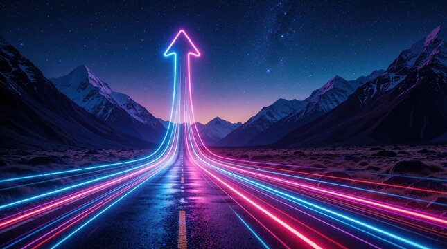 Neon arrow directs upward on mountain road under starry sky. Futuristic light trails show speed, progress, and journey to destination. Vibrant colors denote energy and success.