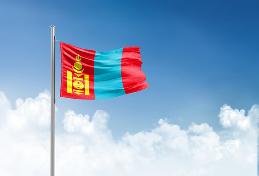 Mongolia flag waving in beautiful sky.