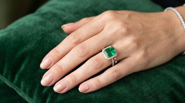Emerald Engagement Ring on Woman's Hand, Luxury Jewelry, Green Gemstone