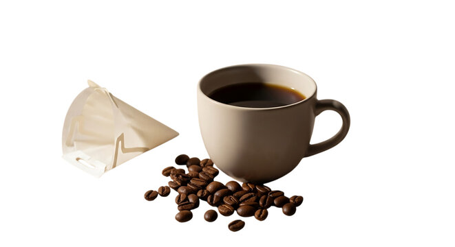 Freshly Brewed Coffee in a Ceramic Mug with Roasted Beans and a Paper Filter for a Morning Ritual