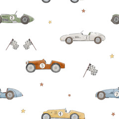 Naklejka premium Watercolor Vintage Racing Car Seamless Pattern on Beige Background