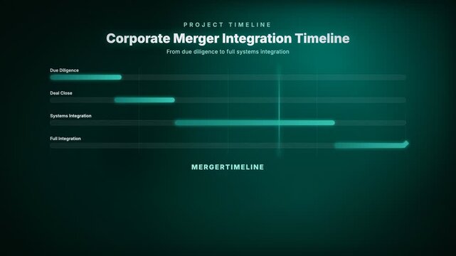Animated corporate merger integration timeline tracking due diligence through full systems integration