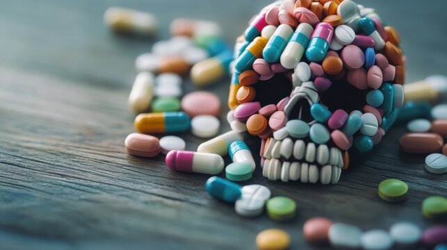 Skull Made of Colorful Pills Representing Drug Overdose and Addiction