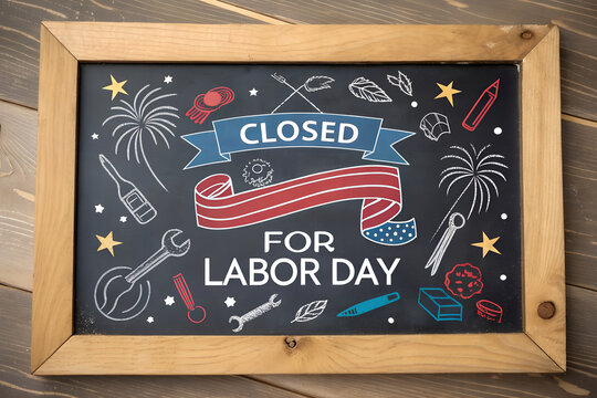 We will be closed for labor day sign, american flag elements, red white blue colors, celebrating workers holiday, business closure announcement, holiday notice, Closed on labor day announcement