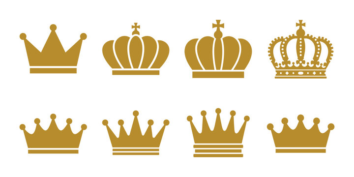 Royal golden crown icon set in various styles with monarchy authority nobility ornament collection