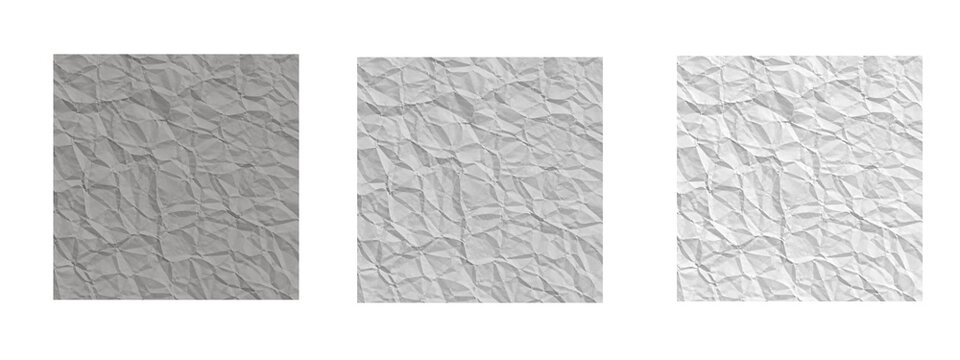 Set of crumpled paper textures with different brightness levels, wrinkled white and gray paper background collection isolated on transparent background