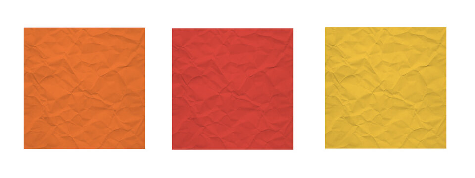 Set of three crumpled paper textures in orange, red and yellow colors, realistic wrinkled paper background for design isolated on transparent background