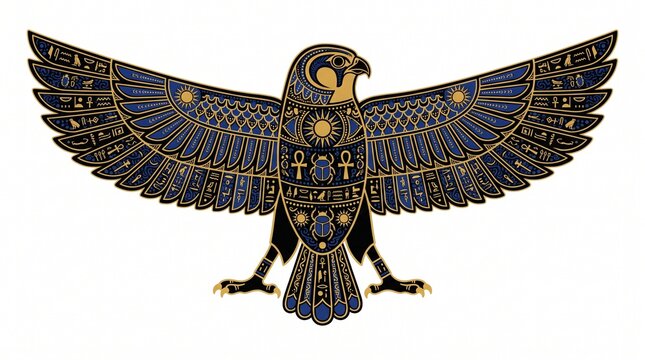 Ornate Egyptian Falcon Vector Illustration with Blue and Gold Hieroglyph Details on White Background