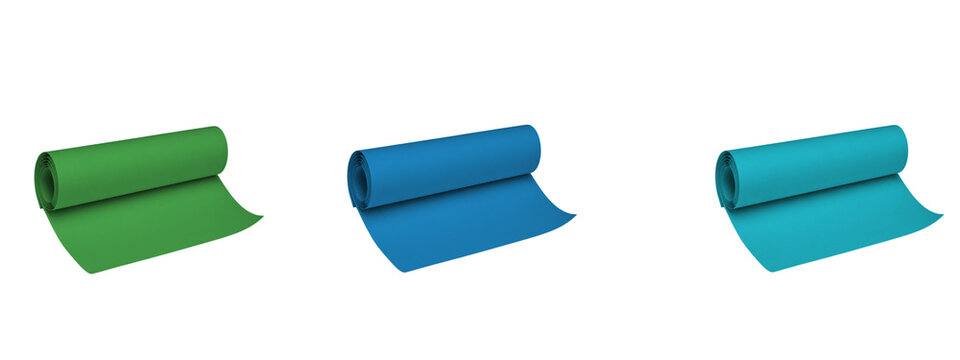 Set of three rolls of colored paper or fabric material, green, blue and turquoise, isolated on transparent background