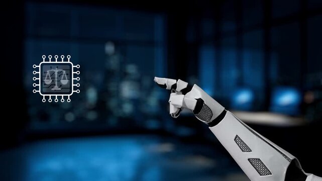 A robotic hand reaches towards digital scales and AI symbols in a sleek office environment, illustrating the intersection of robotics, law, and artificial intelligence. Synapse